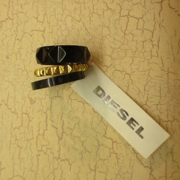 DIESEL Black Gold Stack Rings Unisex~Vintage NOS Industrial Size 6.5 Stack Rings - Picture 8 of 14